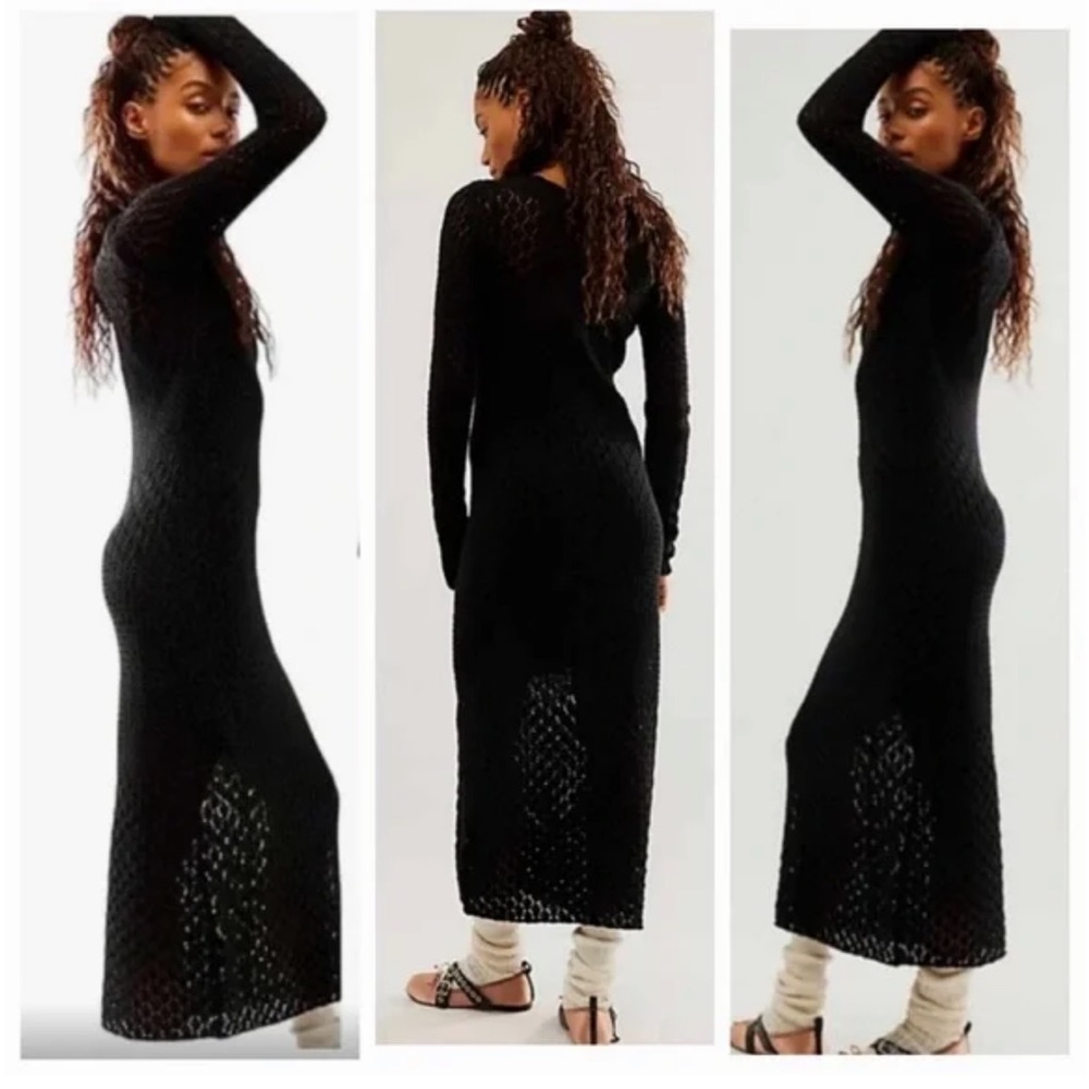 Free People Black Boho Dia Crochet Knit Long Sleeve Midi Maxi Dress